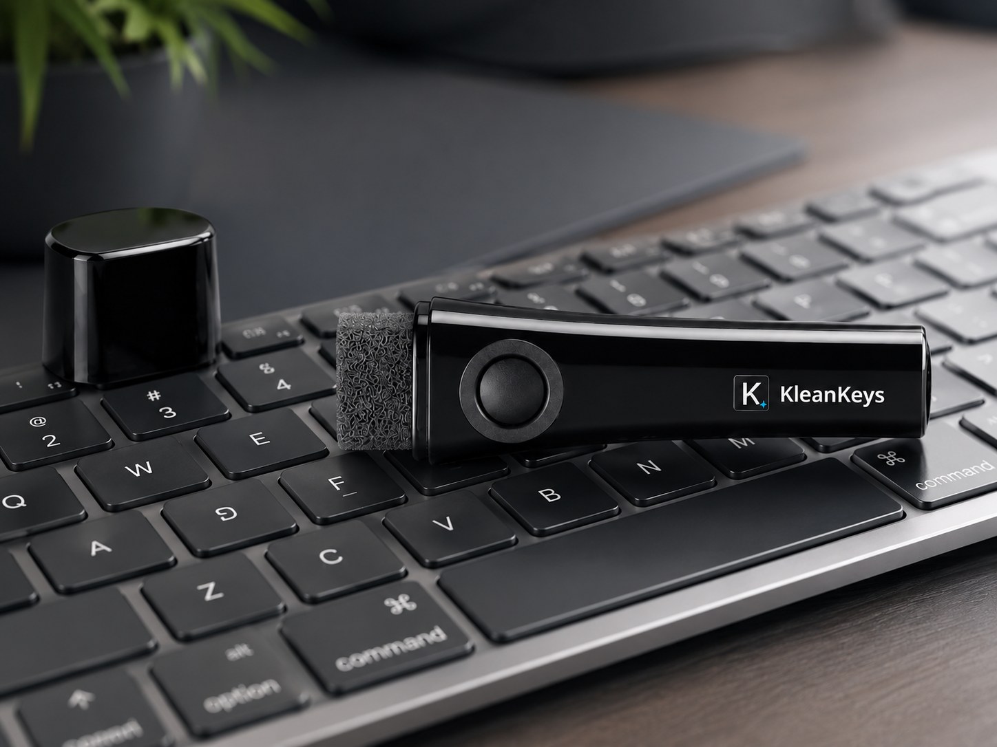 KleanKeys device resting on a keyboard, ready to clean